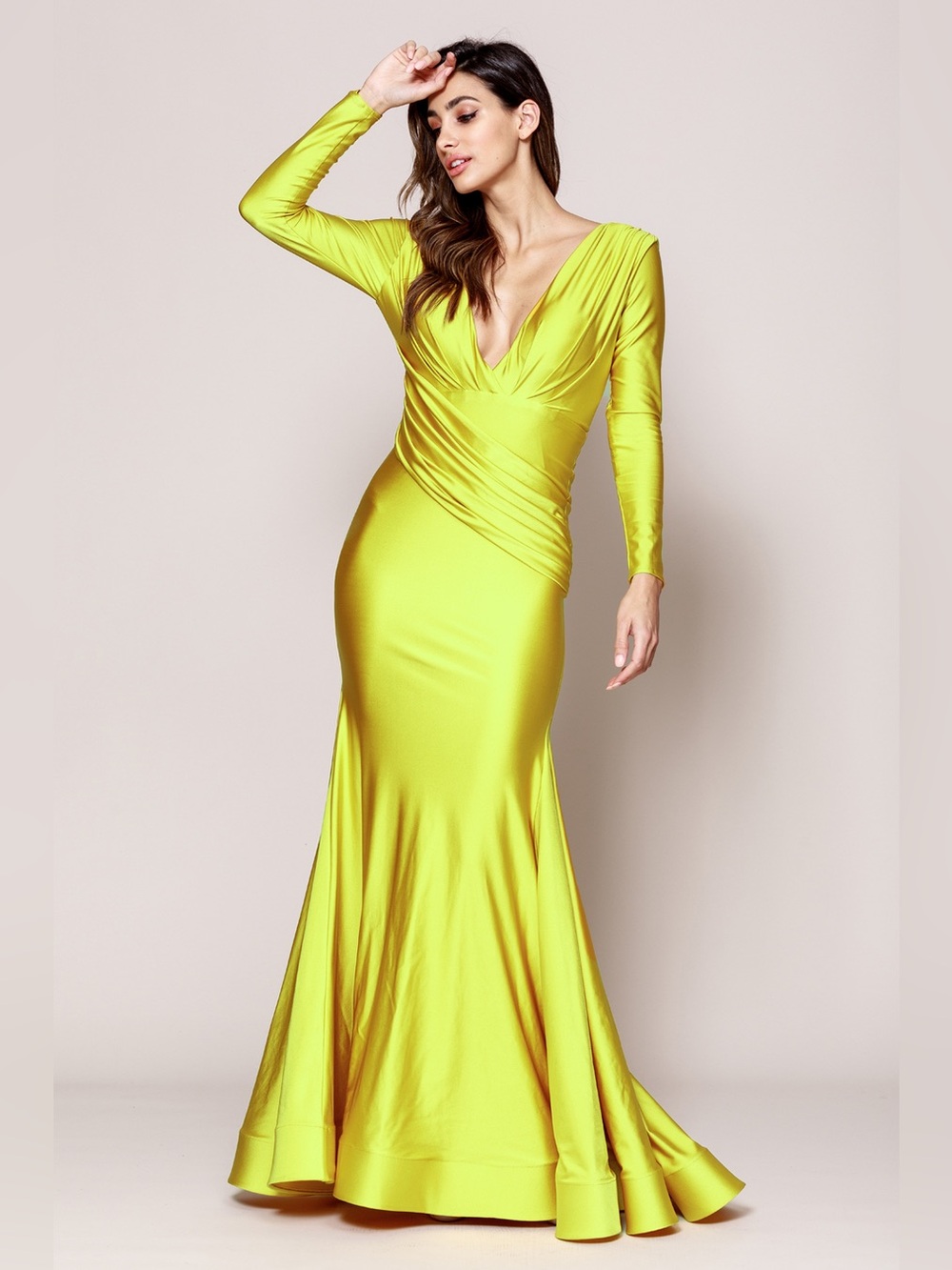 NWT Amelia Couture Dress 18 Mustard Yellow Long Sleeve Draped Formal Gown Maxi